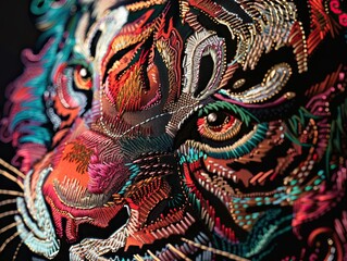 Embroidered colorful pattern of a tiger face on a dark background