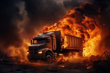 Dramatic fuel truck explosion releases billowing smoke and intense flames into the air.