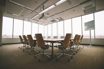 Sleek Modern conference room with panoramic windows Ideal for virtual meetings and creative brainstorming