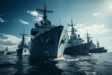 Fototapeta premium Advanced modern military naval warships in tactical maneuvers during open sea exercises