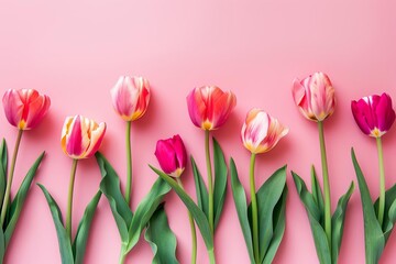 Fototapeta premium Spring tulip flowers arranged on a pink background in a flat lay style Offering a bright and cheerful visual to celebrate women's day Mother's day Or to herald the arrival of spring