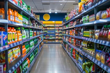 Supermarket scene capturing the vast assortment of products available in the brightly lit aisles Highlighting the convenience and diversity of shopping experiences in modern retail environments. - obrazy, fototapety, plakaty