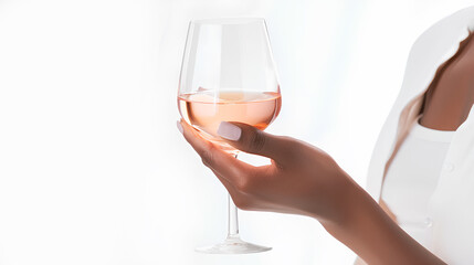A woman delicately holds a glass of rose wine