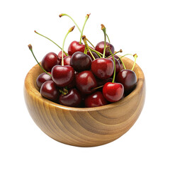 Cherries in a wooden bowl. isolated on transparent background.