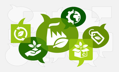 green company / production / factory vector illustration. concept with icons on environmentally friendly company / sustainable business processes, packaging or eco product / ecological manufacturing.
