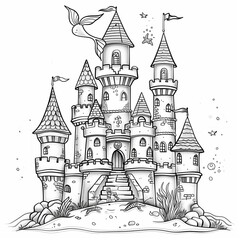 Clean and detailed outlines of big sandcastle design with mermaid theme, isolated on a plain white background for printing on an adult's shirt.