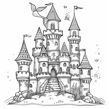 recommend clip art: Clean and detailed outlines of big sandcastle design with mermaid theme, isolated on a plain white background for printing on an adult's shirt.