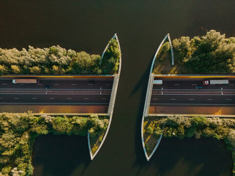 Aerial view of Veluwemeer aqueduct in Netherlands 