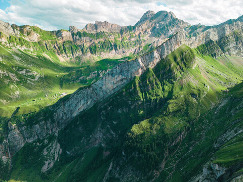 Aerial view of Alpstein mountains in Switzerland 