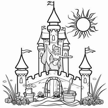 recommend clip art: Clean outlines of a big straight sandcastle with one big tower in the center and four towers on the sides with an big adult mermaid standing in front, one turtle one bucket 
