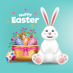 Easter banner template with colorful Easter eggs on a basket, flowers, and a cute Easter bunny. Happy Easter Greetings text. Promotion and shopping template for Easter. Vector illustration background.