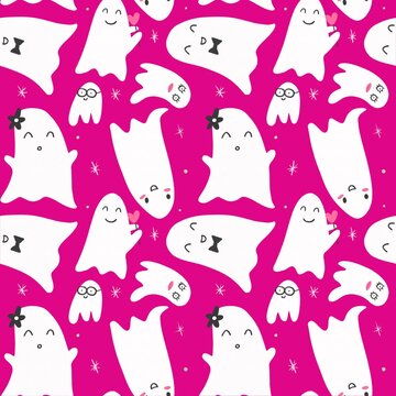 Spooky cute ghost seamless pattern. Halloween illustration.