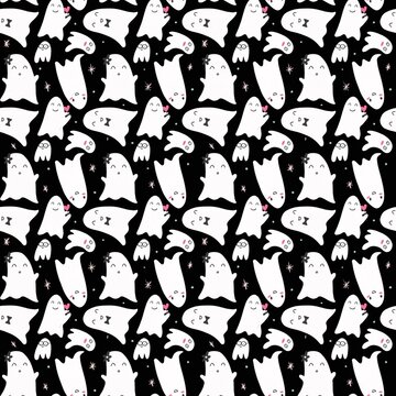 Spooky cute ghost seamless pattern. Halloween illustration.