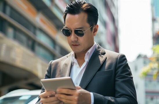Stunning high resolution photo of a rugged, dapper Asian businessman in a suit and sunglasses walking to his car and using a tablet.