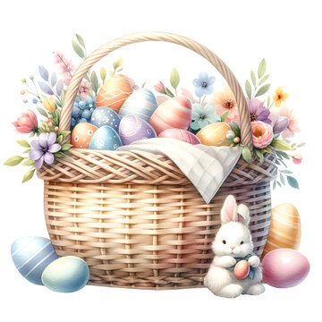 Easter Basket Filled with Colorful Eggs and Bunny. water color, Generate by AI.
