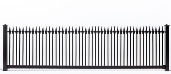 A sturdy black metal fence panel, showcasing its intricate texture, stands out against a white isolated background. The fence provides construction security with its metal industry plate shape.