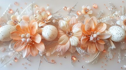 An elegant floral arrangement with peach-colored flowers and decorative eggs