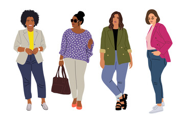 Set of different curvy women in stylish modern office clothes. Diverse plus size female beauties wearing smart casual business fashion outfits. Vector realistic illustration  on transparent background - obrazy, fototapety, plakaty