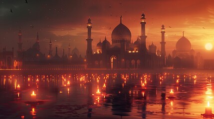 Amidst the tranquil glow of candlelit mosques, capture the ethereal essence of Ramadan's sacred observance, enveloping the surroundings in a serene aura of devotion and reflection.