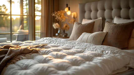 a close-up shot of a mockup bed in white with a pastel mauve backdrop, a white pillow cover, a white bed sheet, and a white blanket.