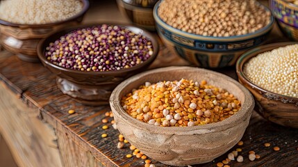 An artistic arrangement of mixed grains and legumes, including quinoa, lentils, and chickpeas, displayed in small, rustic bowls on a wooden table. The composition focuses on the variety and the rich