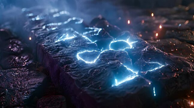 Glowing ancient runes carved on a stone tablet invoke the magic power 