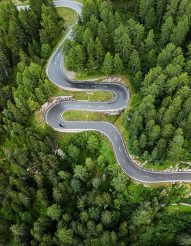 Aerial view of serpentine road in Swiss Alps 