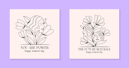 Girly vector illustrations with woman faces.Stylish prints for t shirts,posters,cards with flowers.Linear black and white concepts.Feminism quote and woman motivational slogans.Women's day greetings