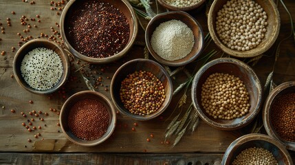 An artistic arrangement of mixed grains and legumes, including quinoa, lentils, and chickpeas, displayed in small, rustic bowls on a wooden table. The composition focuses on the variety and the rich