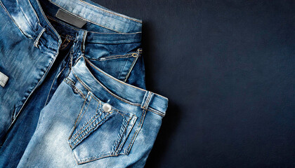 Casual denim clothing on a black background. Top view with copy space. Clothes and fashion concept. Jeans in all shapes..