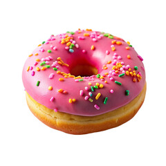 Pink glazed donut with sprinkles isolated on transparent background.