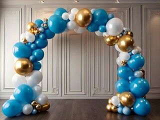 Glistening Blue and Gold Balloon Arch Adorned with White and Gold Balloons for Elegant Celebration