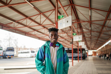 portrait of black man in a bus station