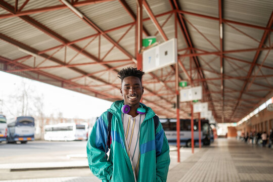 portrait of black man in a bus station