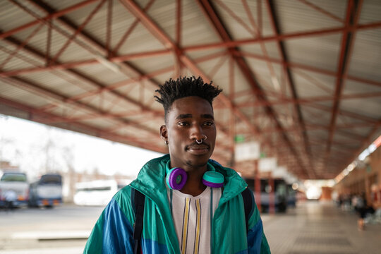 portrait of black man in a bus station