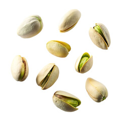 Pistachio nuts levitate on transparent background.