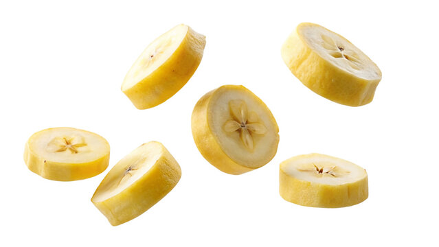 Flying banana slices isolated on a transparent background.