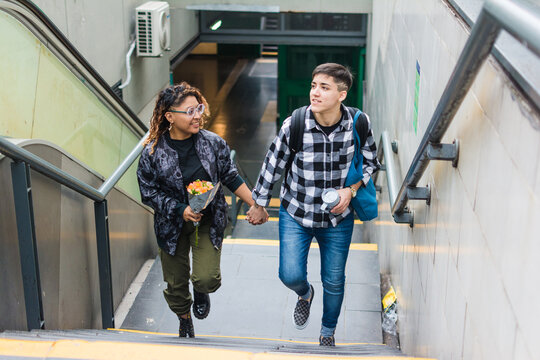 Young lesbian couple street lifestyle