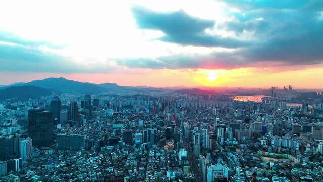 Drone View of Seoul city in South Korea, Gangnam road, 
 winter, sunset