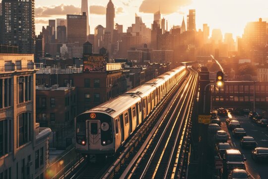 A photo of the New York subway train during golden hour The sun casts long shadows on the tracks and buildings Generative AI