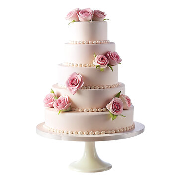 Pink wedding cake with pink roses. Isolated on transparent background.