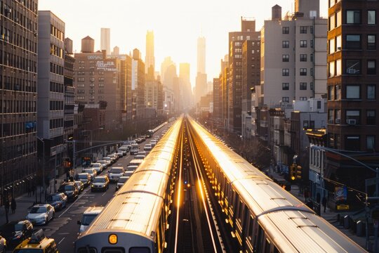 A photo of the New York City subway in front of buildings during golden hour Generative AI