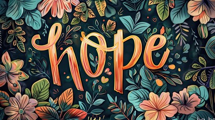 A vibrant illustration featuring the word "hope" surrounded by a floral pattern