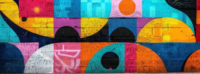 Vibrant street art mural on an urban wall featuring abstract geometric shapes and bright colors.