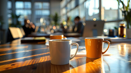 Coffee Cups on Company Table Amidst Workers - obrazy, fototapety, plakaty