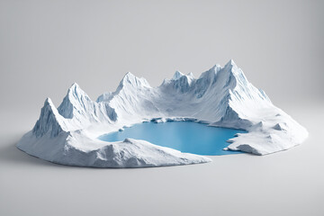 miniature winter mountains landscape model with arctic lake isolated on white