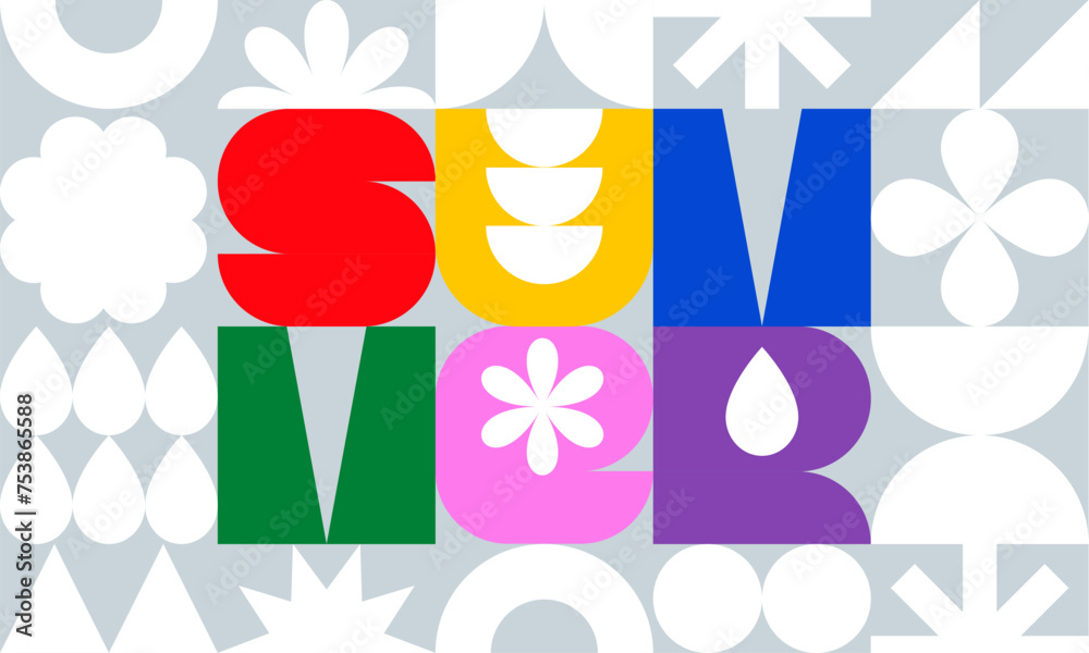 Poster Colorful Summer Geometric Pattern with Modern Font and Abstract Fun Elements. Vector Minimalist Pattern. Geometric Graphic in Brutalist Style. Creative Poster Design