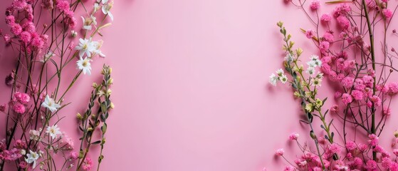 pink flowers on the wall with free copy space on light background