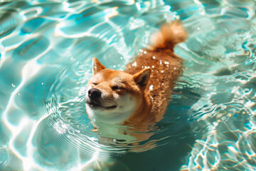 A Shiba Inu dog is energetically swimming in a clear pool of water, enjoying a refreshing dip on a sunny day.