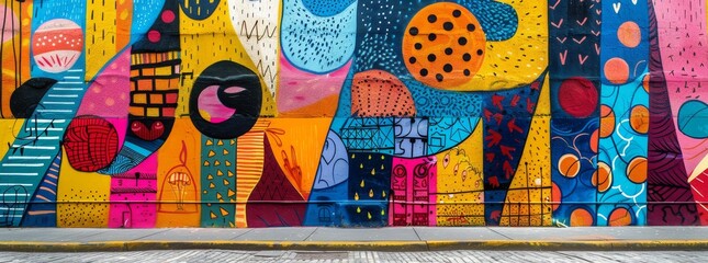 Whimsical and colorful street art mural with abstract shapes on a city wall.